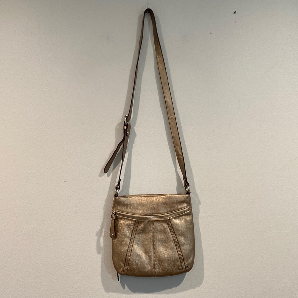 Tignanello Gold Metallic Genuine Leather Crossbody Bag w/ Brown & Gold Interior